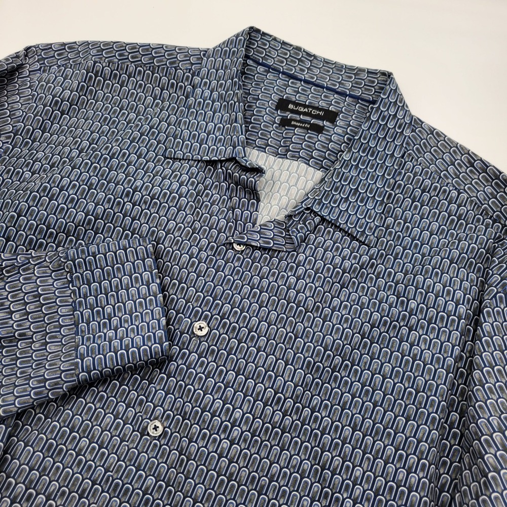 Bugatchi Shaped Fit Button Down Shirt Mens XL Blue Grey Geometric Arch Print